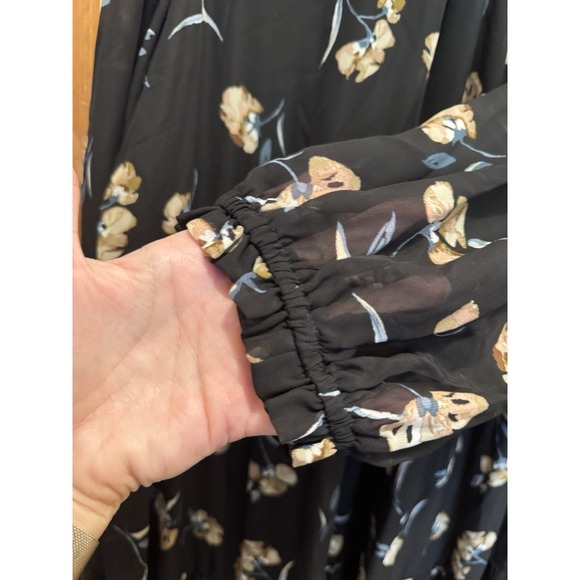 Ophelia Roe Floral Print Black A-Line Dress 2X Long Sleeves Cottagecore Fall - Picture 3 of 9